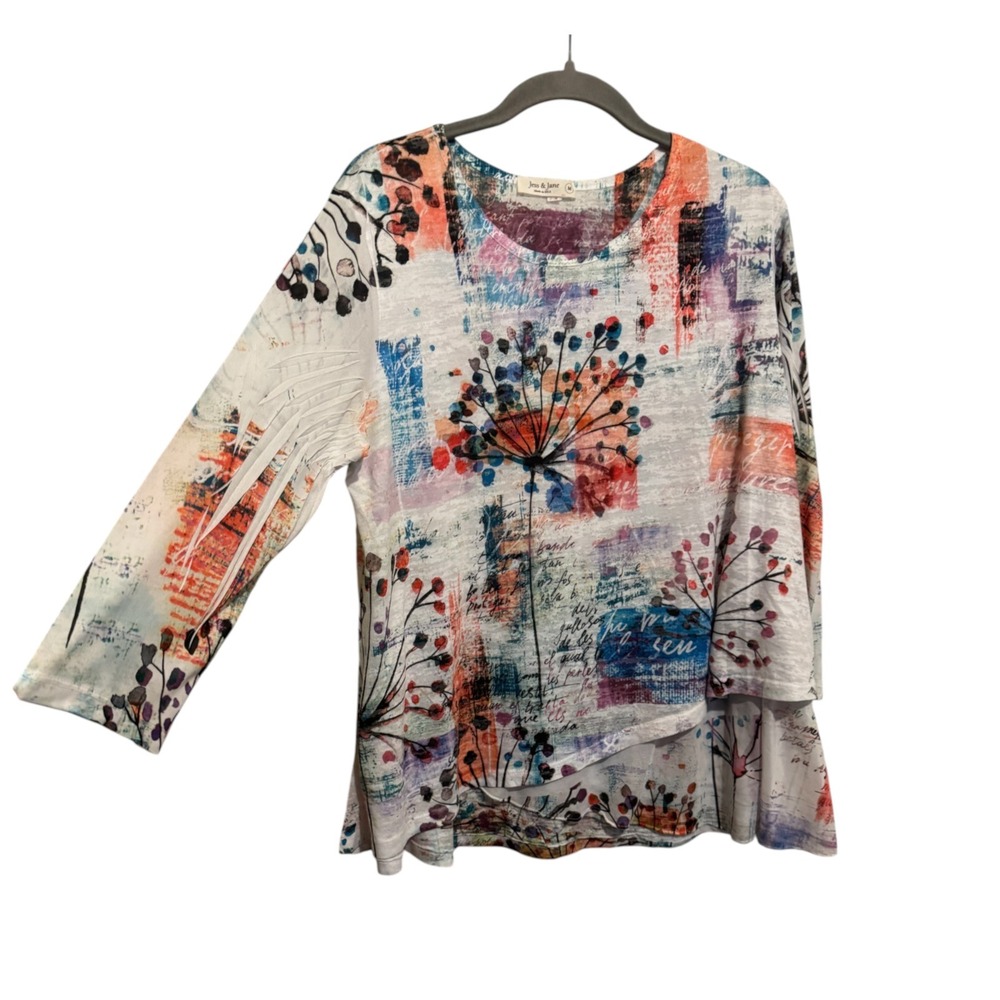 Jess & Jane Top Womens Medium Mesh Underlay White Floral Artsy Art to Wear